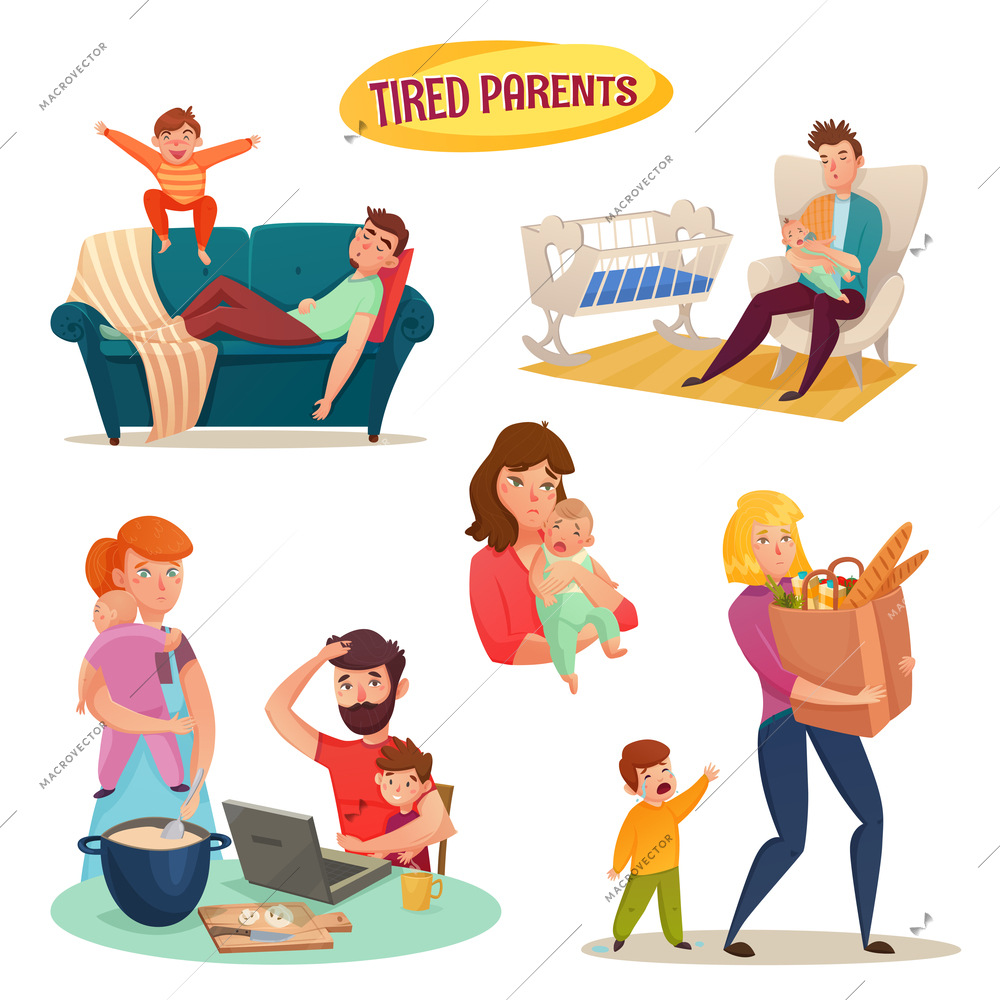 Tired parents isolated decorative elements with mother and father holding baby in arms flat cartoon vector illustration