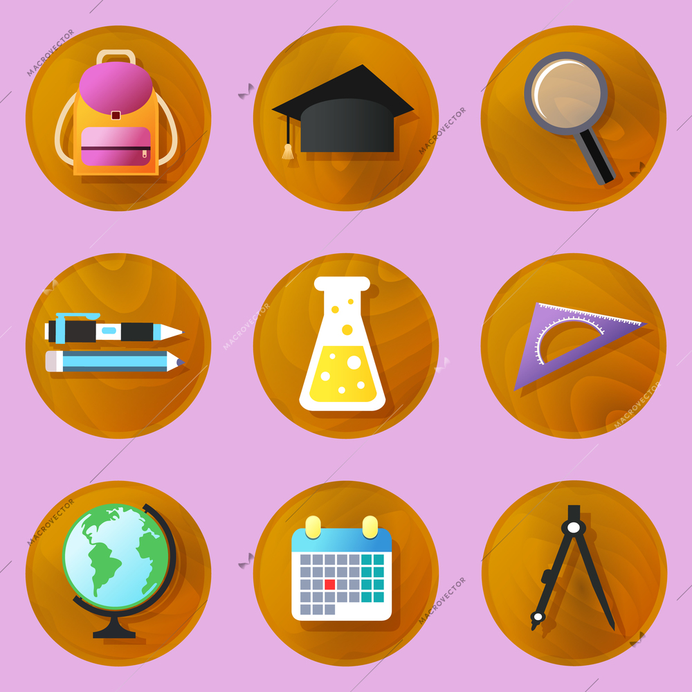 Wooden education icons set of backpack flask graduation hat isolated vector illustration