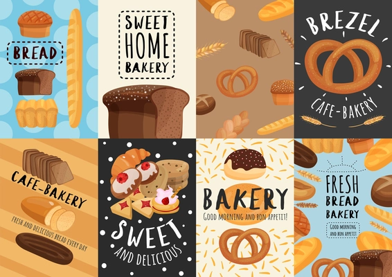 Bakery set of posters and banners with bread and pastry, cereal ears, design elements isolated vector illustration