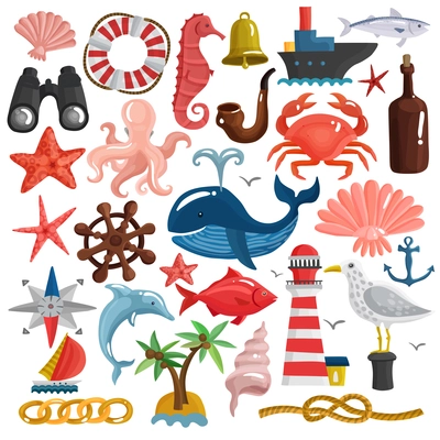 Set of nautical elements including ship, sailboat, anchor, knot, lighthouse, birds and sea life isolated vector illustration