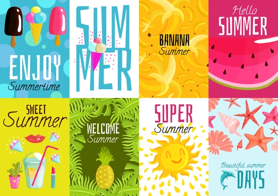 Summer posters set with ice cream, fruits, cocktail, shells, palm leaves on colorful backgrounds isolated vector illustration