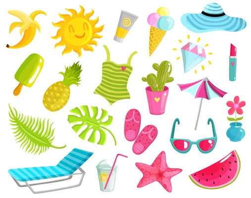 Collection of summer stuff including beach accessories, fruits, ice cream, starfish, diamond, sun, cactus isolated vector illustration