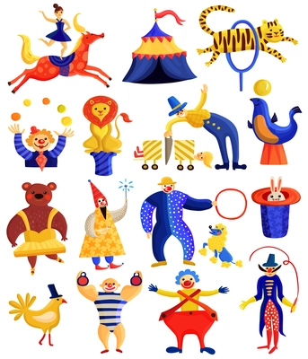 Collection of circus artists including horse rider, clowns, illusionists with tricks, strongman, trained animals isolated vector illustration
