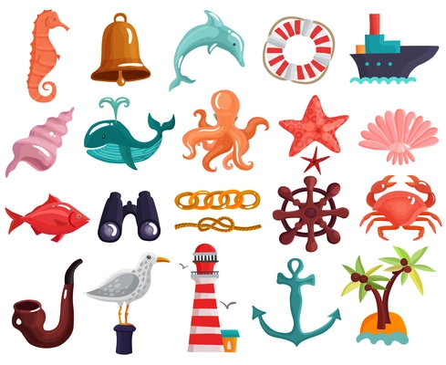 Collection of sea life and nautical elements with lighthouse, island, lifebuoy, vessel, binoculars, helm isolated vector illustration