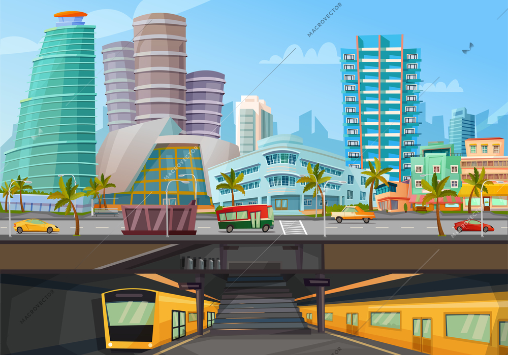 Miami downtown city landmarks towers skyline and metro rail trains front view retro cartoon poster vector illustration