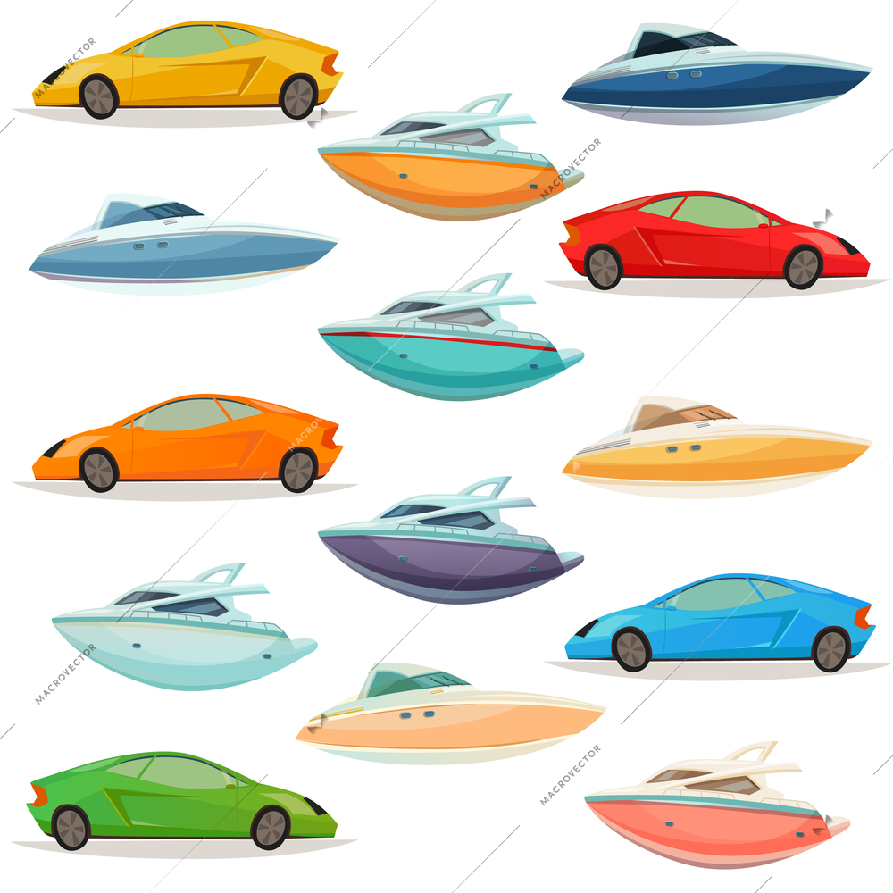 City resort area transportation retro cartoon icons collection with hatchback cars yachts and motorboats isolated vector illustration