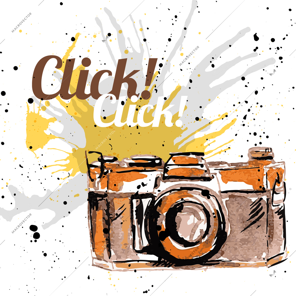 Vintage retro grunge photo camera poster ink drawn vector illustration