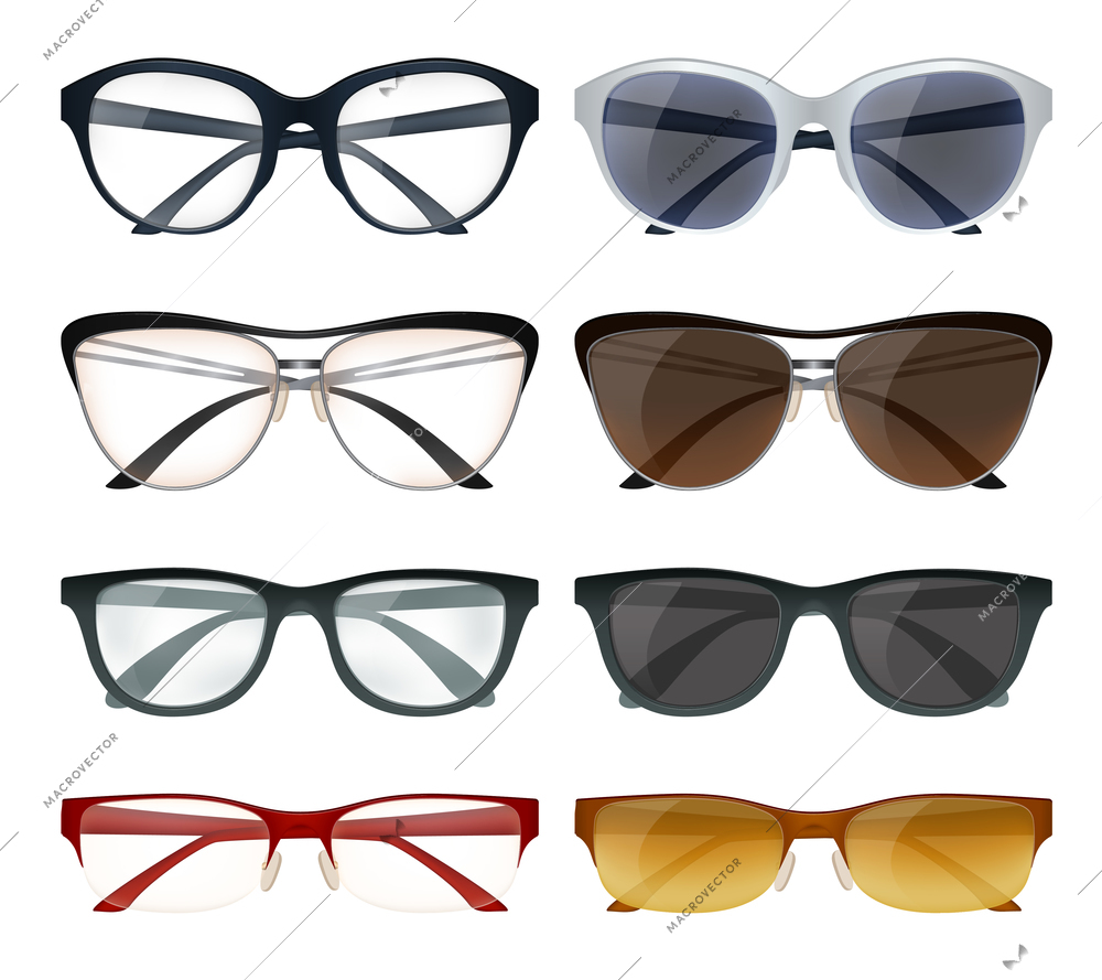Realistic set of modern glasses and sunglasses with colorful frames isolated on white background vector illustration