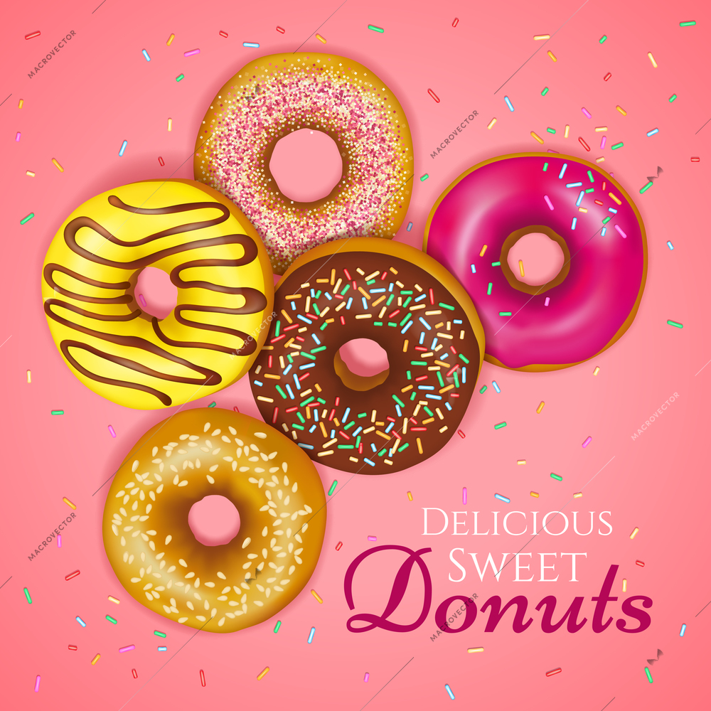 Delicious sweet donuts with sprinkles and colorful toppings on pink background realistic vector illustration