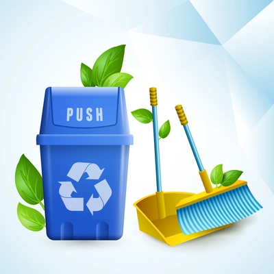 Ecology design concept in paper style with cleaning tools and garbage container with recycling symbol realistic vector illustration