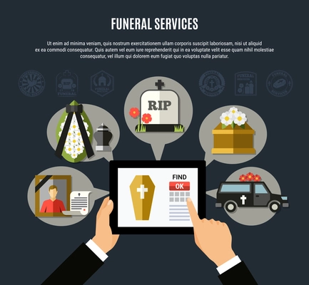 Funeral services composition with mobile application symbols flat vector illustration