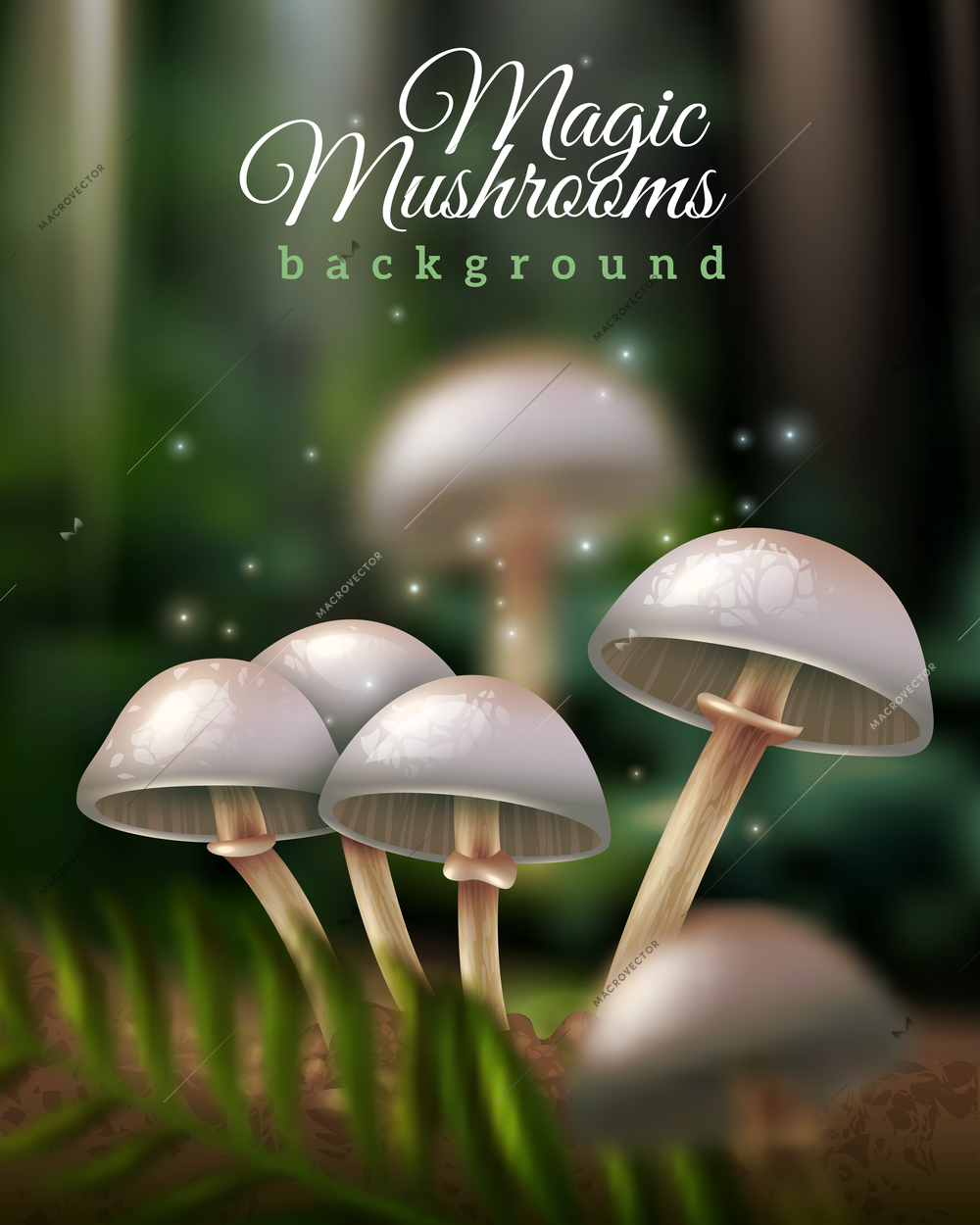 Shiny magic mushrooms growing in forest ground and green leaf on dark blurred background vector illustration