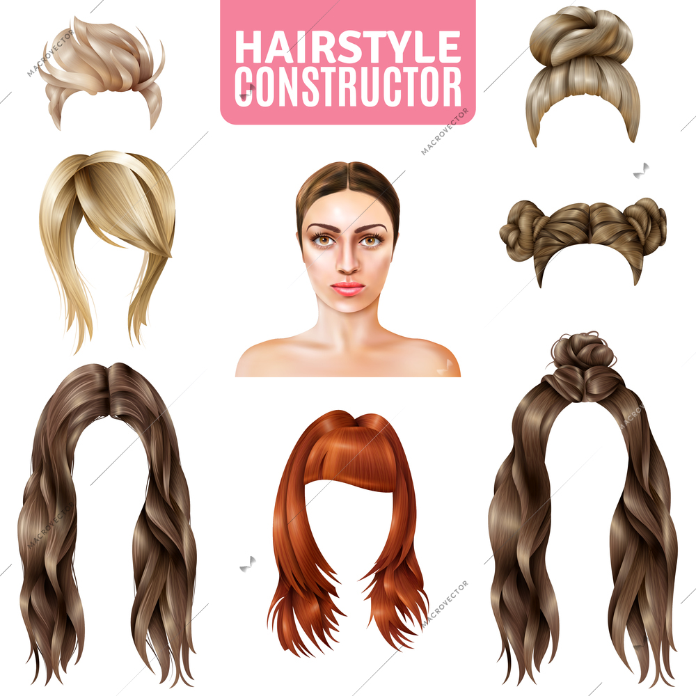 Hairstyles for women constructor including model, long and short hair, in bun, with fringe isolated vector illustration