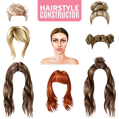 Hairstyles for women constructor including model, long and short hair, in bun, with fringe isolated vector illustration