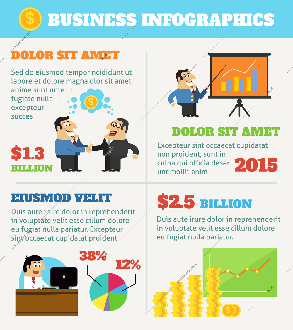 Business life infographics with working employee meeting boss and shareholder vector illustration