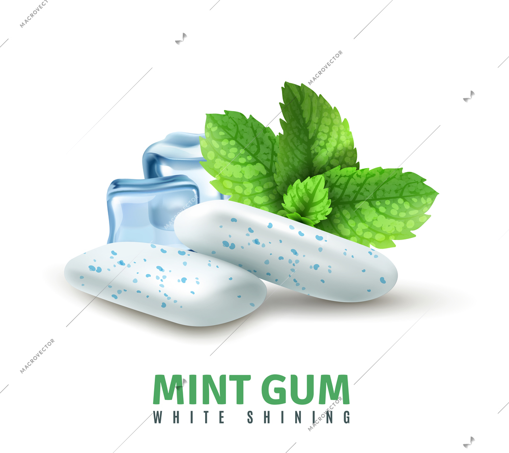 Realistic mint gum with blue inclusions, ice cubes and green leaves on white background vector illustration