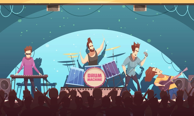 Open air festival rockband live music onstage performance retro cartoon banner with electronic instruments and audience vector illustration