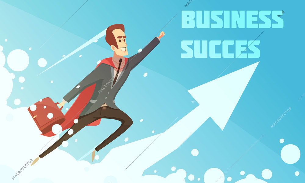 Business success symbolic cartoon growth poster with smiling businessmen climbing up increasing graphic arrow background vector illustration