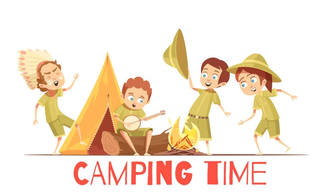 Boys scouts summer camp activities retro cartoon poster with playing indian and singing campfire songs vector illustrations