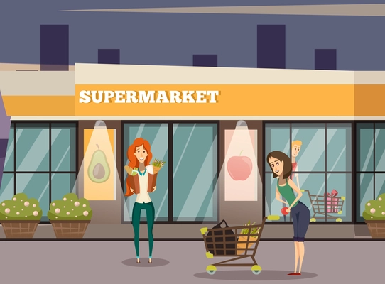 Supermarket building orthogonal background with people and goods symbols vector illustration