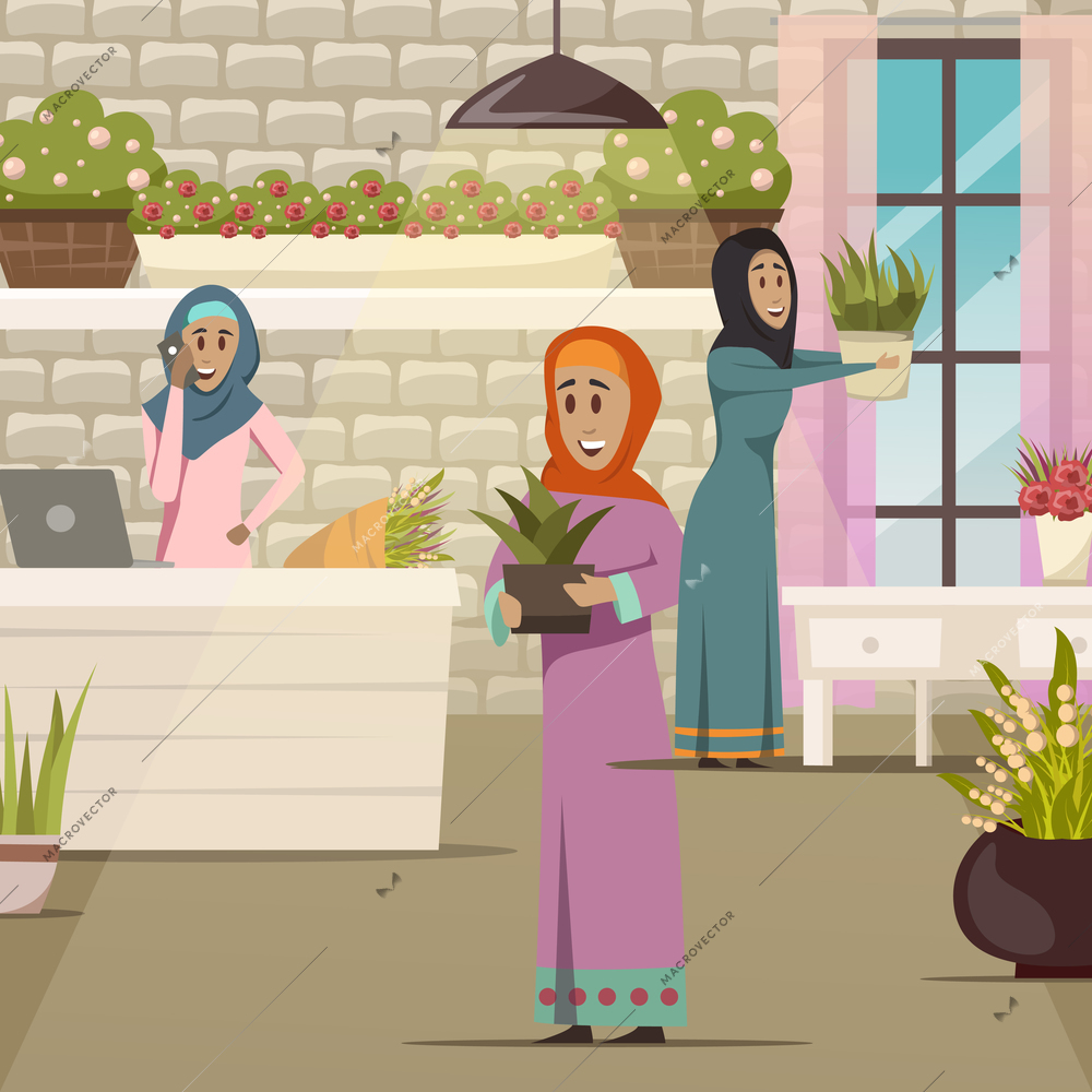 Arabic woman composition with flowers and house interior flat vector illustration