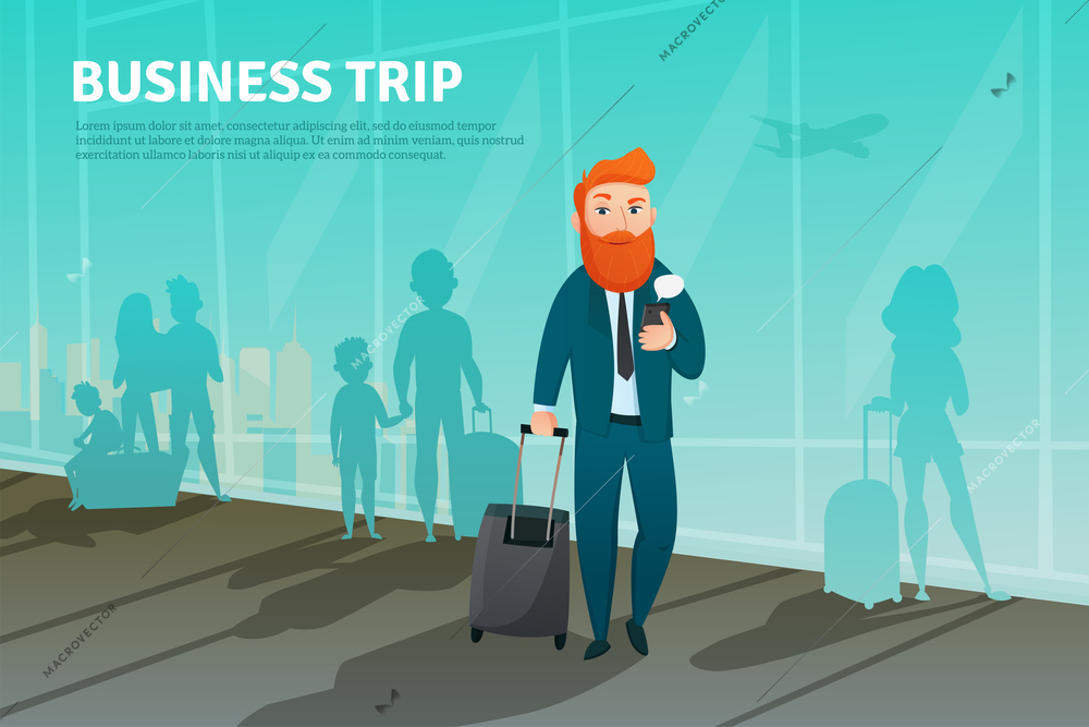 Colored flat businessman in airport poster with going red head man and business trip headline vector illustration