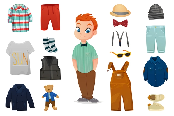 Flat colored baby boy fashion icon set with child figure and various clothes vector illustration