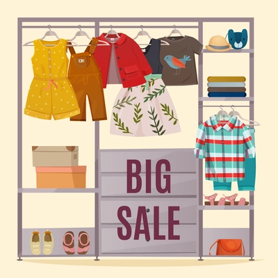 Colored wardrobe poster with clothes hanging in closet and big sale headline vector illustration