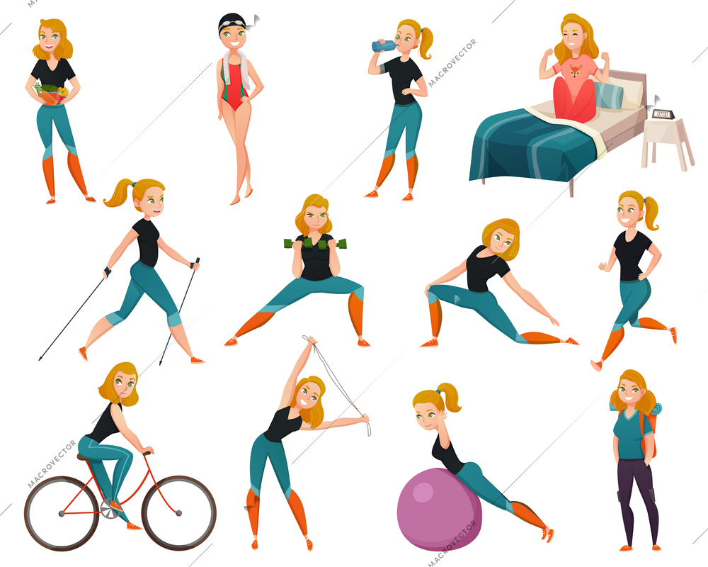 Colored and isolated healthy lifestyle icon set with woman goes in for sports vector illustration