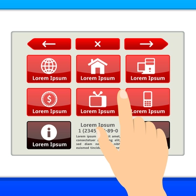 Information terminals monitor and hand  touching screen service concept template vector illustration