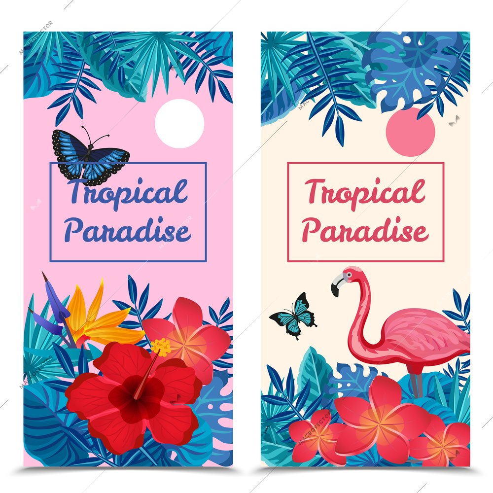 Flat design tropical paradise vertical banners set with exotic flowers flamingo and butterflies isolated vector illustration