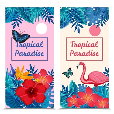 Flat design tropical paradise vertical banners set with exotic flowers flamingo and butterflies isolated vector illustration