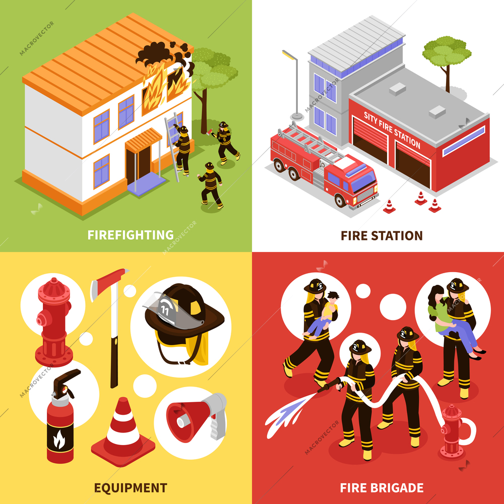 Isometric firefighter 2x2 design concept with firefighting brigade equipment and station isolated on colorful backgrounds 3d vector illustration