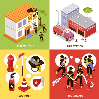 Isometric firefighter 2x2 design concept with firefighting brigade equipment and station isolated on colorful backgrounds 3d vector illustration