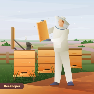 Beekeeper in special outfit with honeycombs in hands near hives on nature background flat composition vector illustration