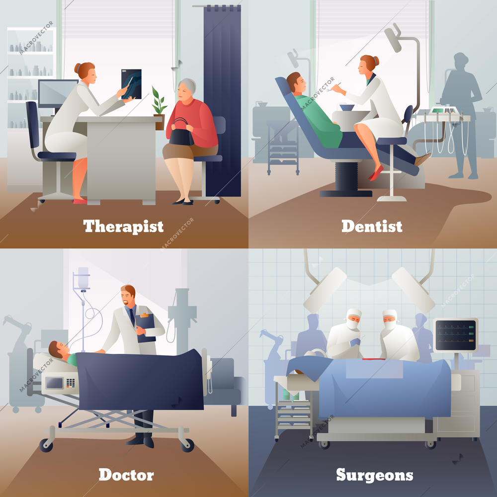 Doctor and patient, gradient compositions with physician near ill, surgeons, appointment at therapist, dentist isolated vector illustration