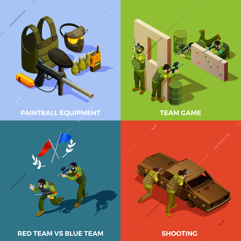 Paintball isometric design concept with pieces of protecting equipment artificial barriers and players during the game vector illustration