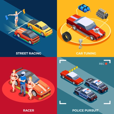 Street racing drift isometric design concept with motor vehicle parts racer and female models human characters vector illustration