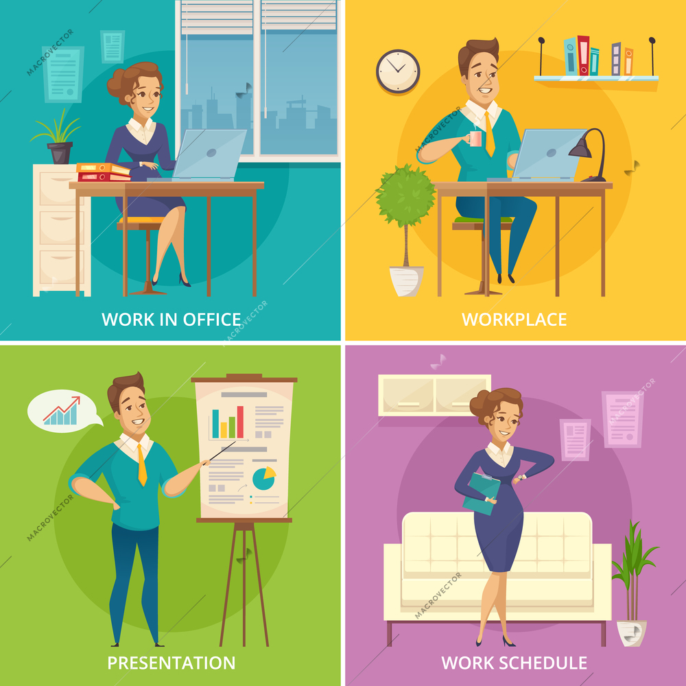Office staff work place 4 retro icons square with retro cartoon characters on colorful background isolated vector illustration