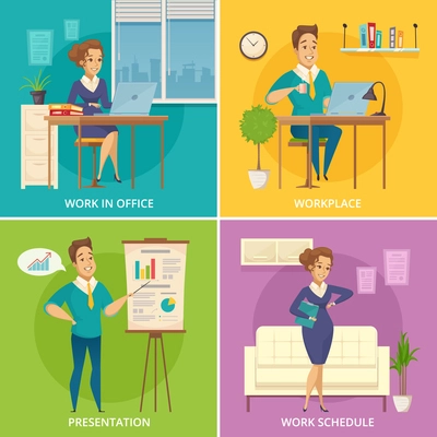 Office staff work place 4 retro icons square with retro cartoon characters on colorful background isolated vector illustration