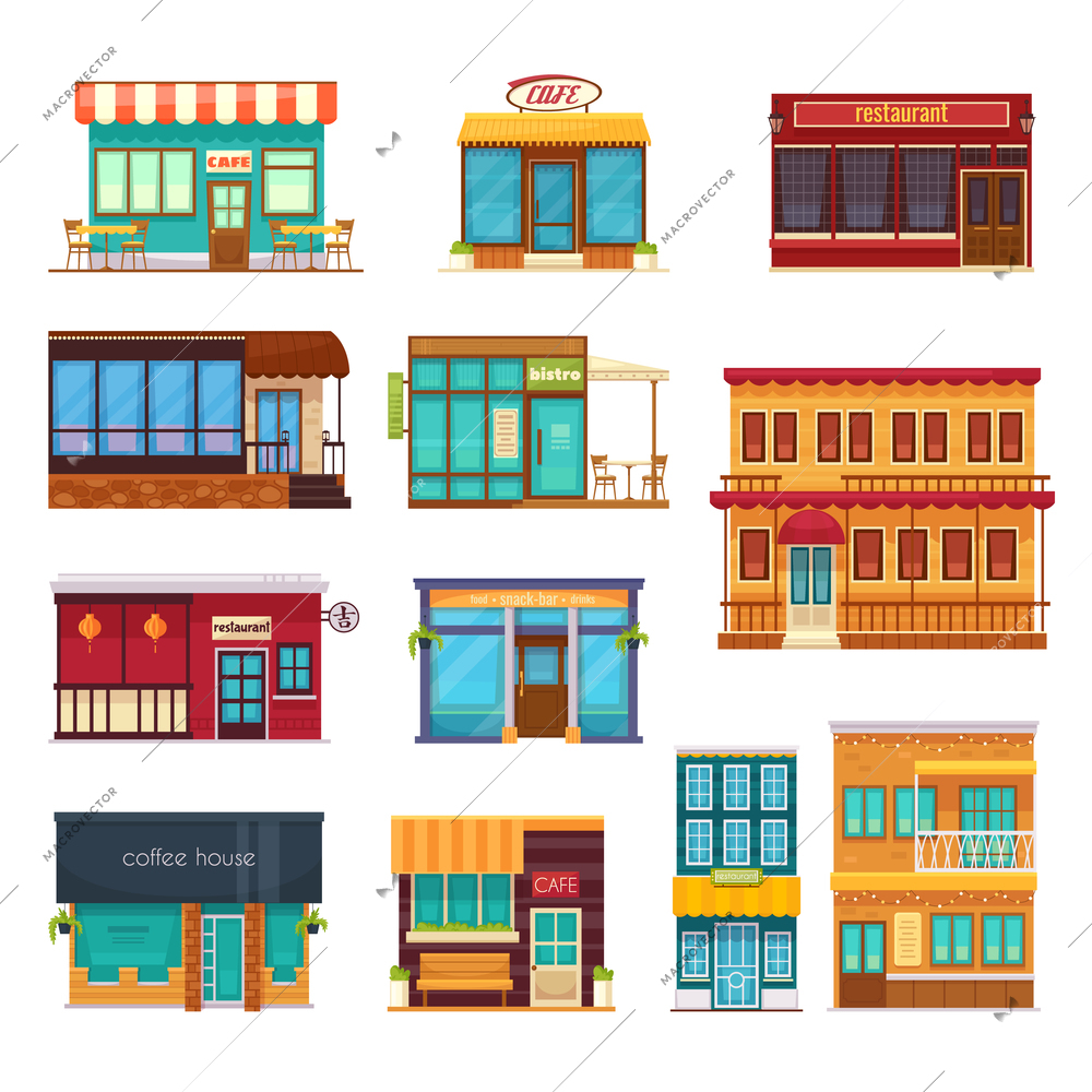 Street view front snack bar cafe coffee house bistro restaurant flat icons collection isolated vector illustration