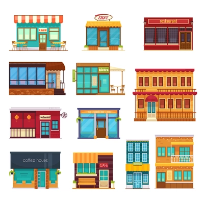 Street view front snack bar cafe coffee house bistro restaurant flat icons collection isolated vector illustration