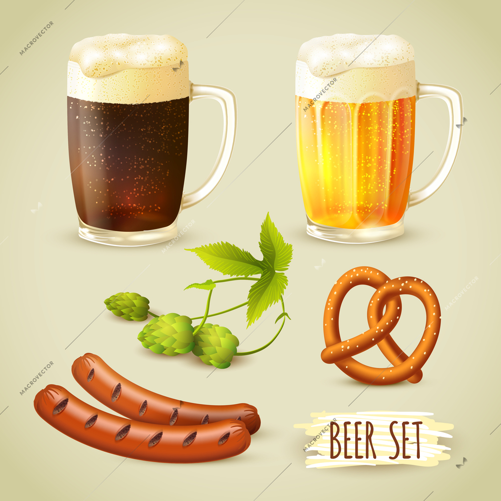 Glass mugs of lager and dark beer hop pretzel and sausage snacks decorative set vector illustration