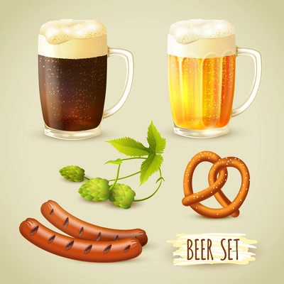 Glass mugs of lager and dark beer hop pretzel and sausage snacks decorative set vector illustration