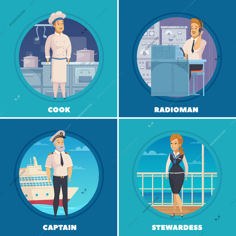 Cruise liner yacht ship crew characters 4 cartoon icons square with captain cook radioman isolated vector illustration