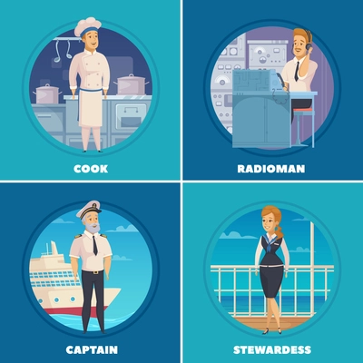 Cruise liner yacht ship crew characters 4 cartoon icons square with captain cook radioman isolated vector illustration