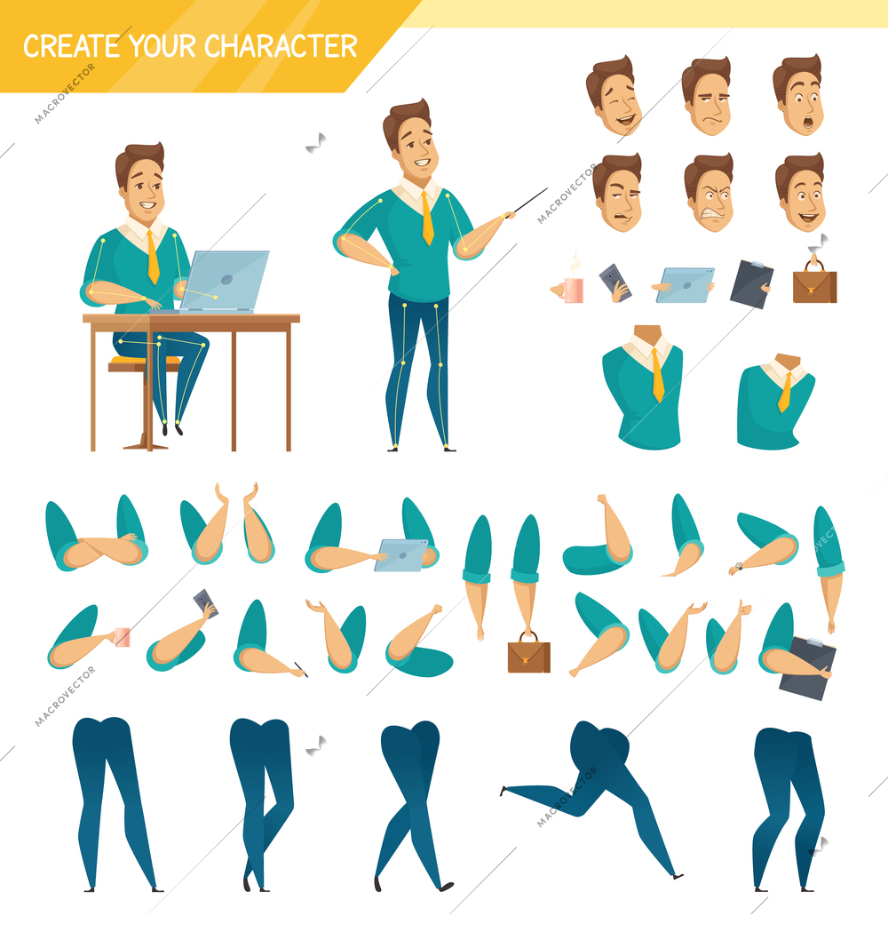 Office male worker character creator constructor elements collection with hands legs heads and accessories isolated vector illustration