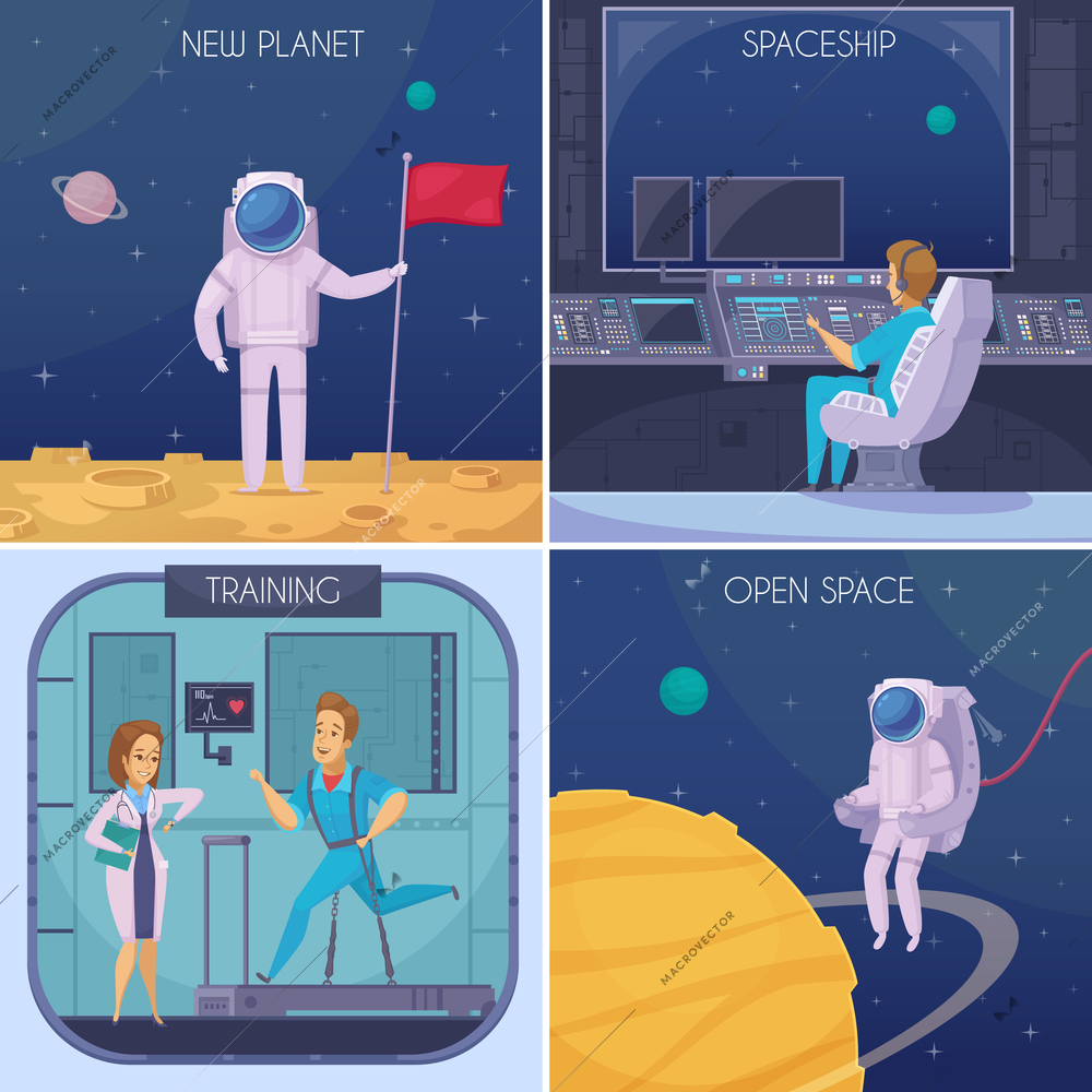 Space missing 4 cartoon icons concept with medical tests  training and astronaut in open space isolated vector illustration