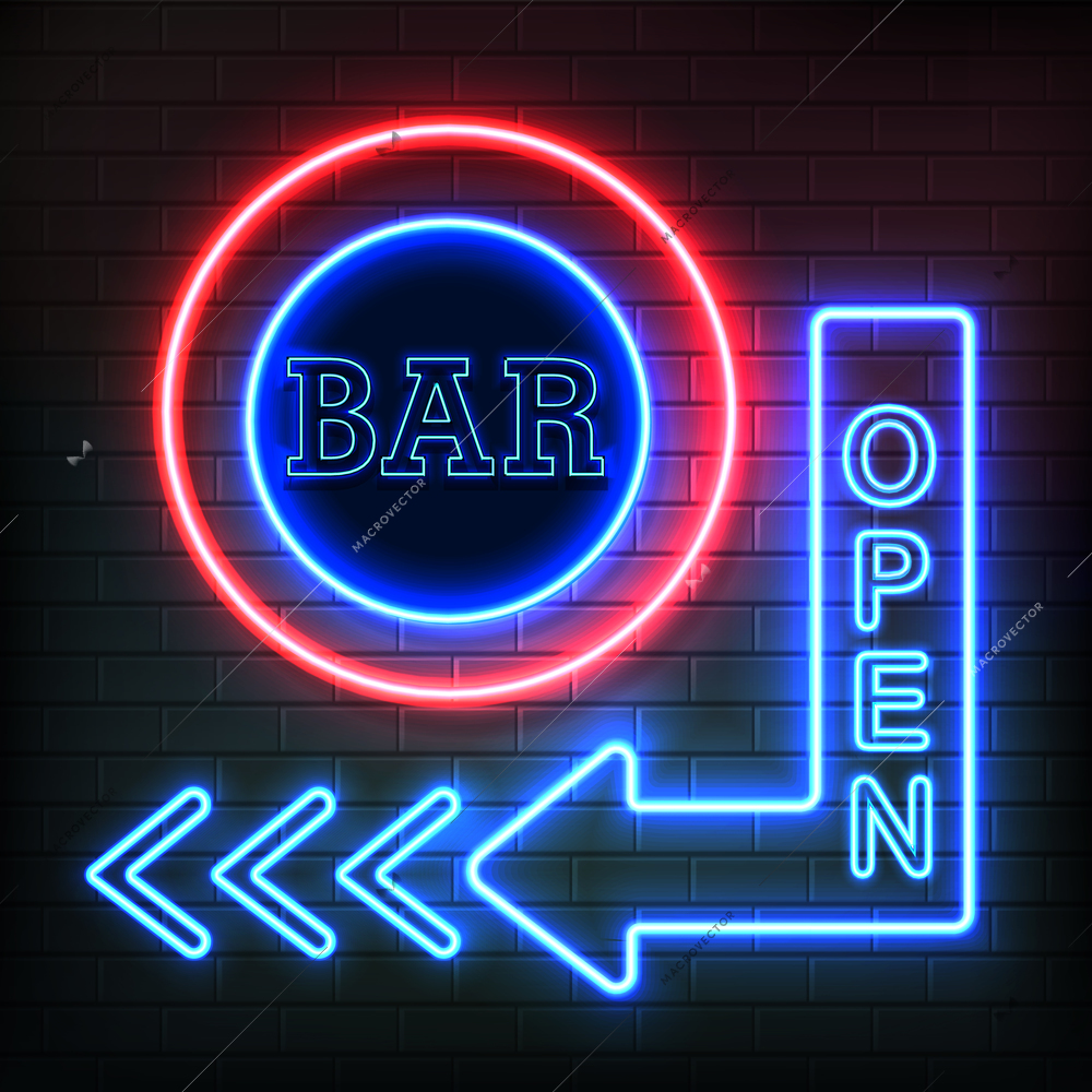 Open bar neon night signboard in arrow shape showing direction on brick wall background realistic vector illustration