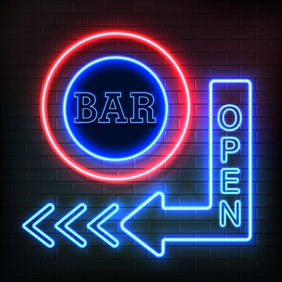 Open bar neon night signboard in arrow shape showing direction on brick wall background realistic vector illustration